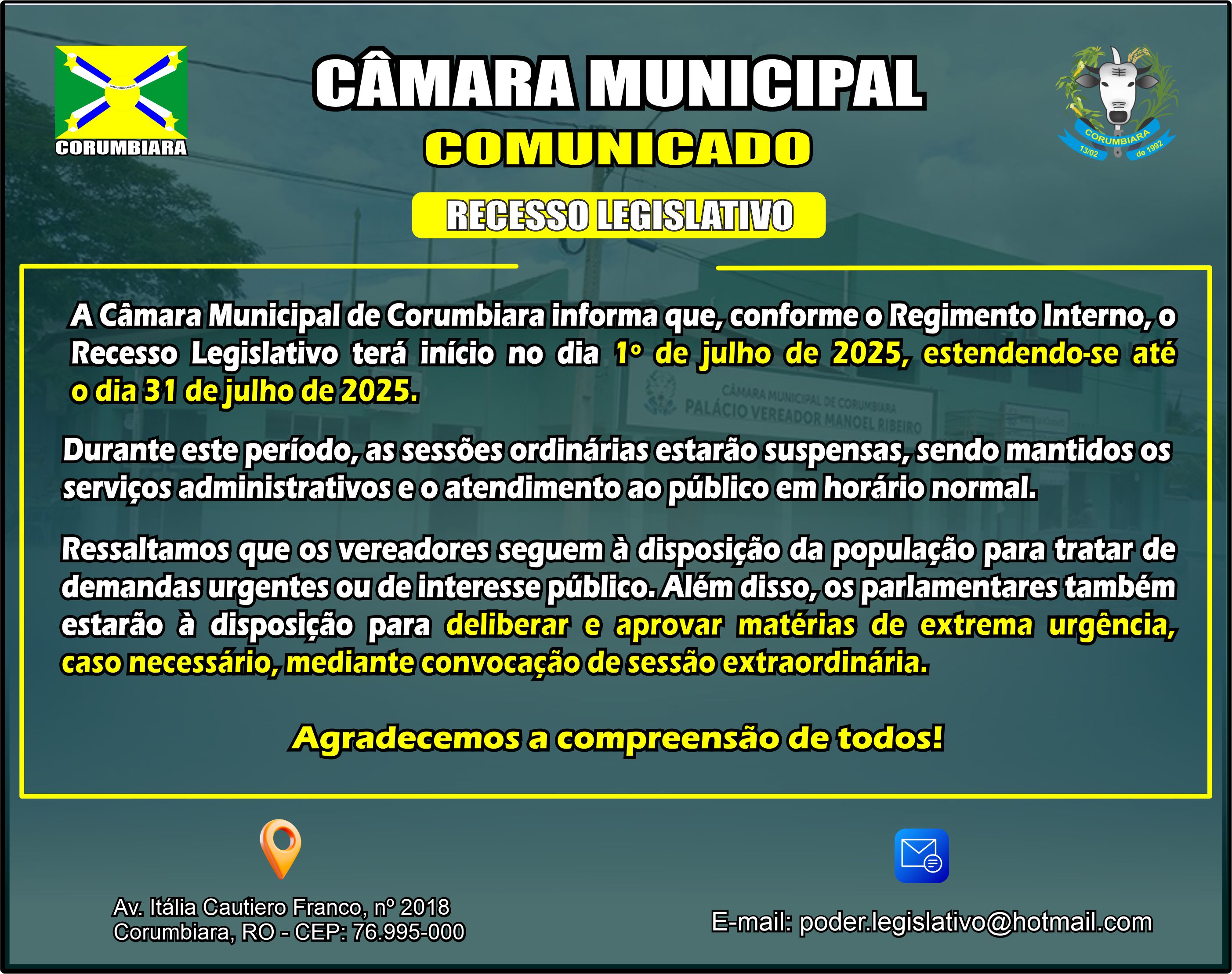 📢 Comunicado – Recesso Legislativo